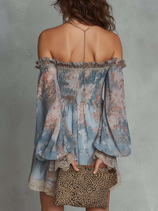 Romana | Mini Abito in Chiffon Arricciato con Spalle Scoperte e Fiori Romantici