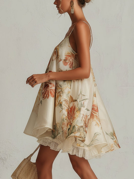 Beatrice | Mini Abito Svasato in Organza Floreale Beige con Bordo in Pizzo