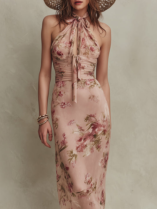 Lia | Abito Lungo in Chiffon con Stampa Floreale e Scollo a Goccia