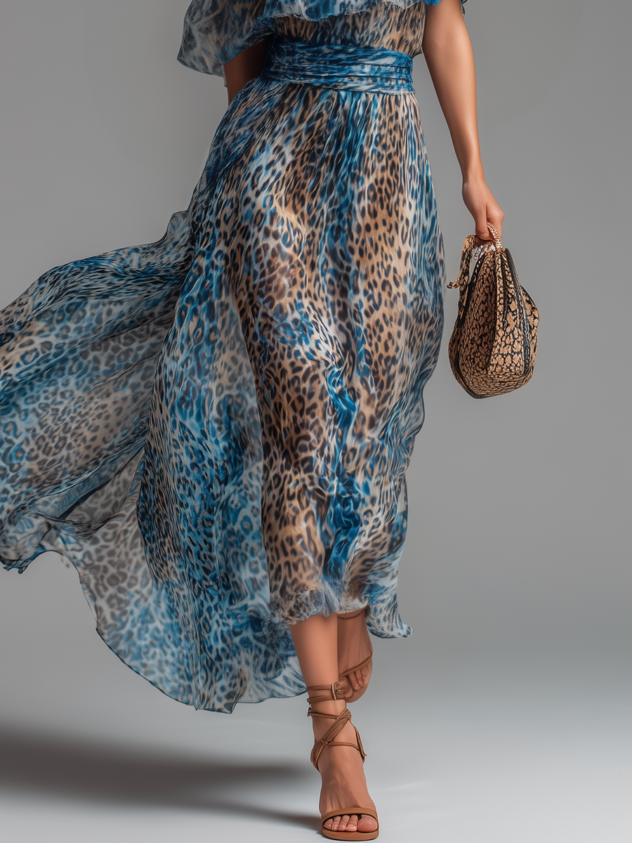 Selvaggia | Abito Lungo in Chiffon Leopardato con Spalle Scoperte