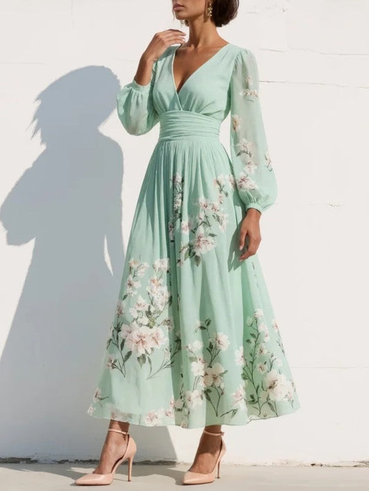 Susanna | Abito Lungo Plissettato in Chiffon Verde Menta con Stampa Floreale