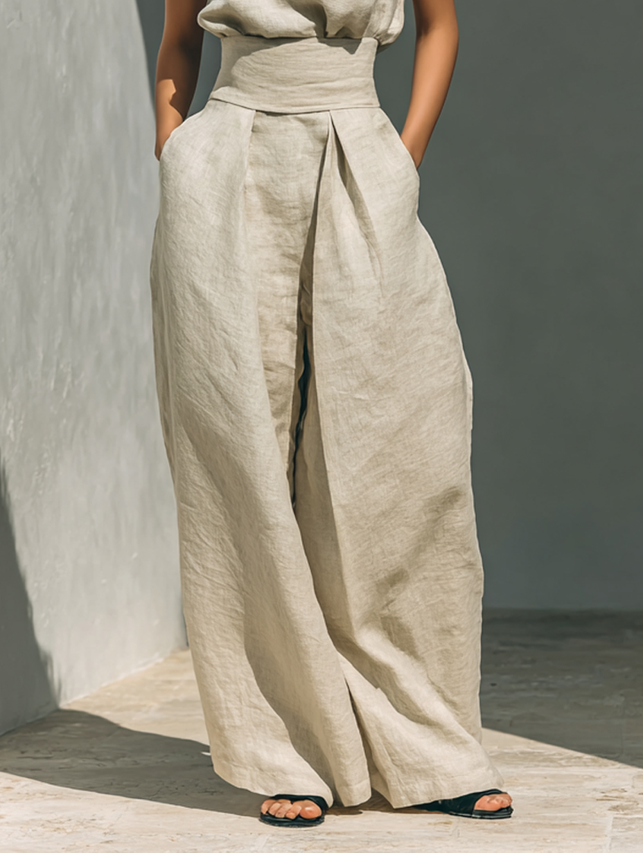Aurora | Completo Due Pezzi Beige in Lino con Top Smanicato e Pantaloni Ampi