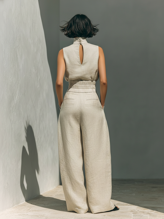 Aurora | Completo Due Pezzi Beige in Lino con Top Smanicato e Pantaloni Ampi