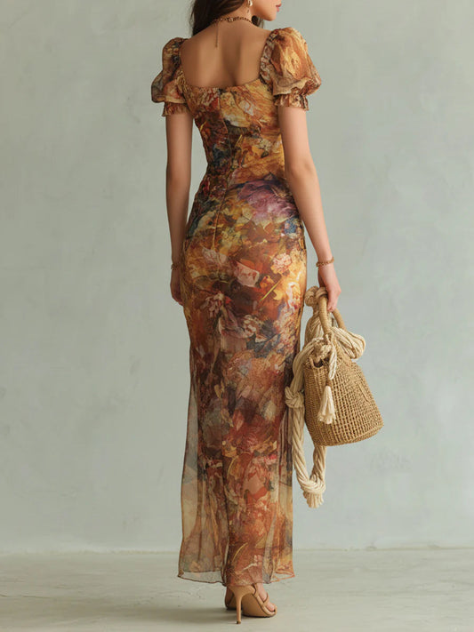 Violetta | Abito Lungo in Chiffon Arancione con Stampa Pittorica Boho