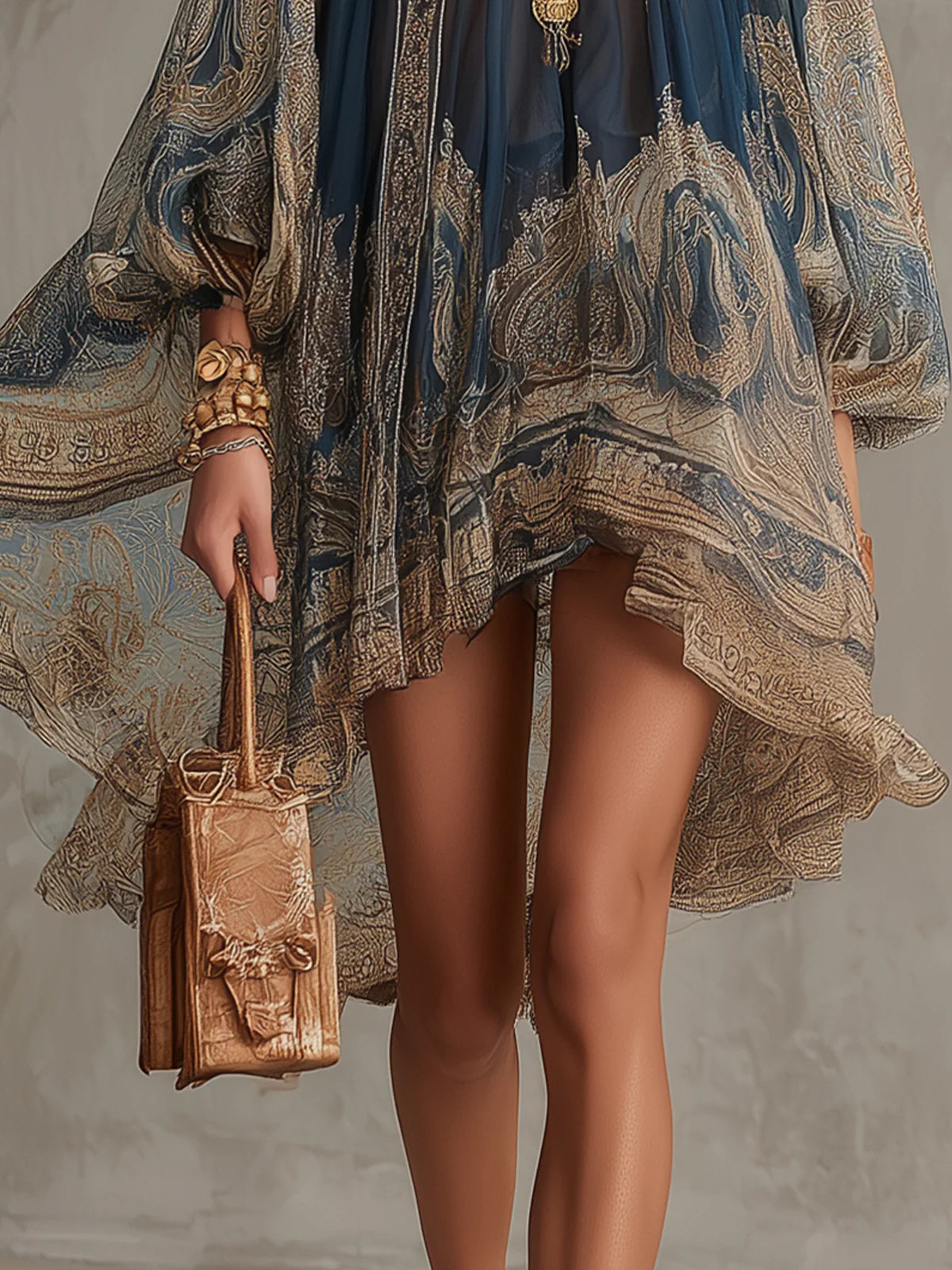 Berenice | Mini Abito Asimmetrico in Chiffon Stampa Barocca Blu Navy con Collo Alto
