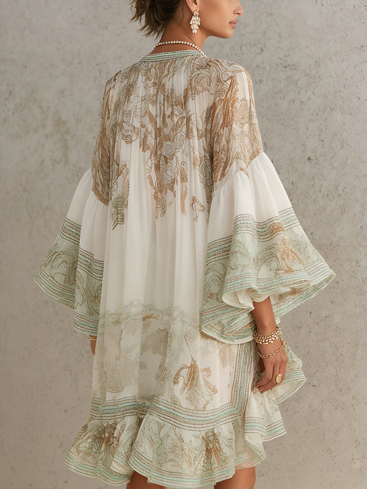 Rosalia | Mini Abito in Chiffon con Maniche a Volant e Orlo a Righe Verde