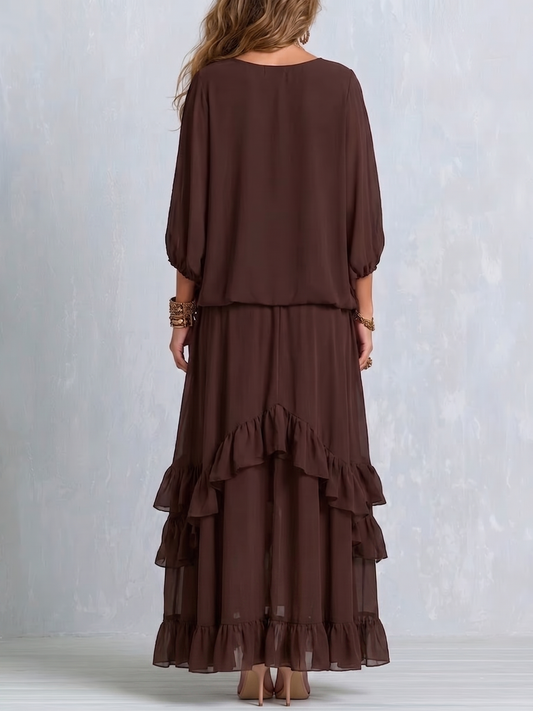 Fiorella | Completo con Top in Chiffon Marrone e Gonna a Volant
