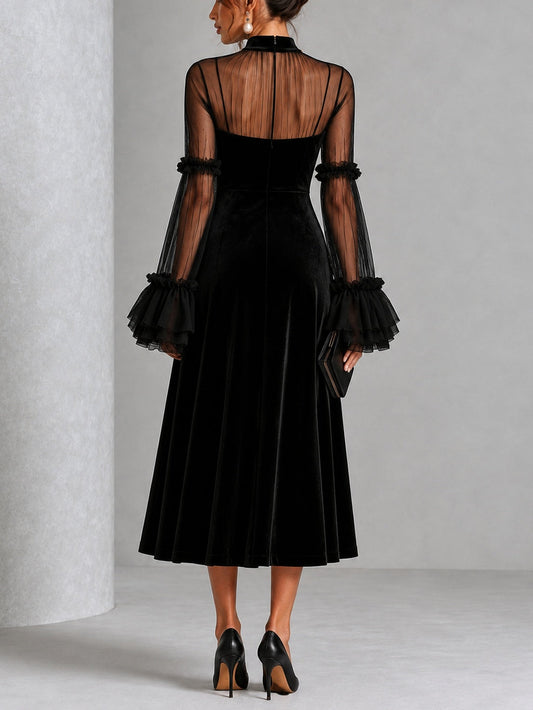 Ornella | Abito Midi in Velluto Nero con Tulle Trasparente
