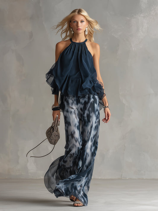 Chiara | Completo Elegante con Top Blu Navy a Schiena Scoperta e Pantaloni Ampi Stampati