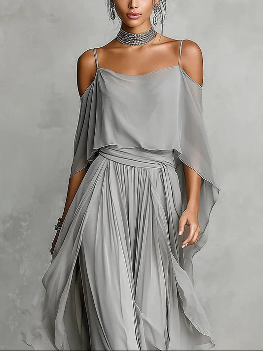 Isabella | Completo Fluido Grigio con Top a Spalline Sottili e Pantaloni Leggeri