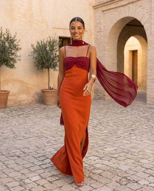 Alina | Abito Arancione con Scollo Rosso