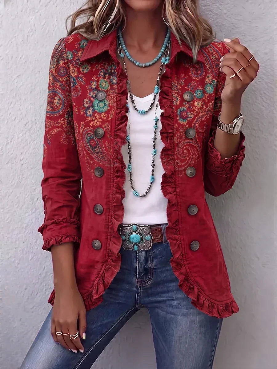 Carlotta | Giacca Boho Paisley Rossa con Balze