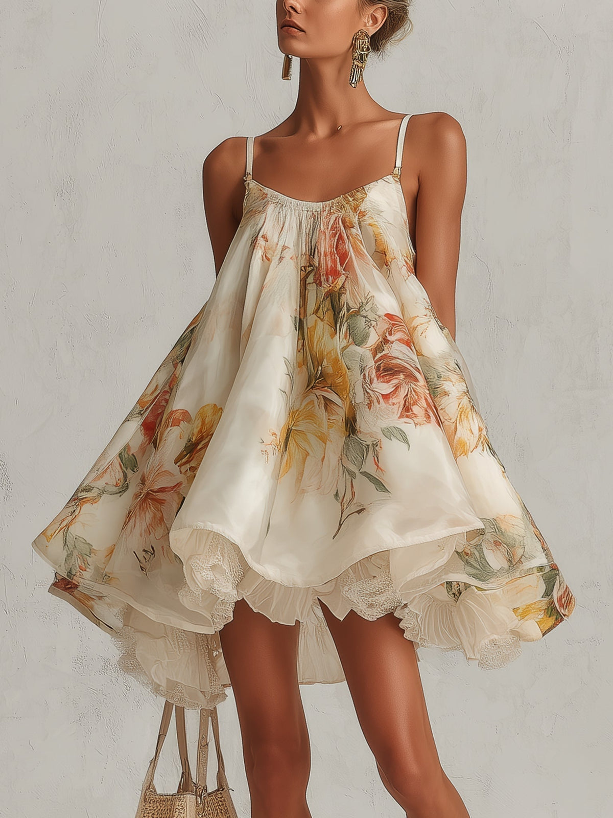 Beatrice | Mini Abito Svasato in Organza Floreale Beige con Bordo in Pizzo