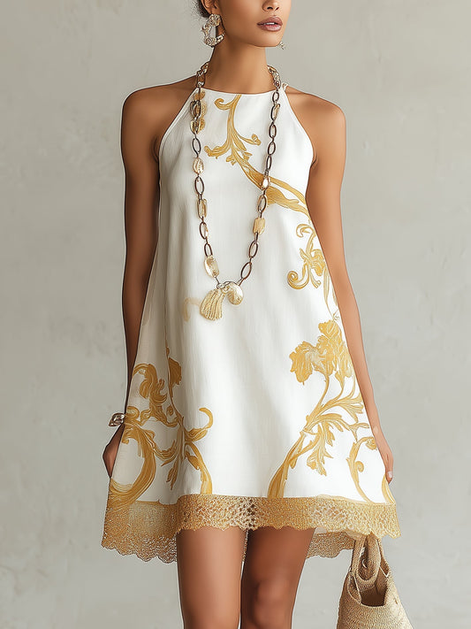 Eloisa | Mini Abito in Pizzo Bianco con Motivi Dorati