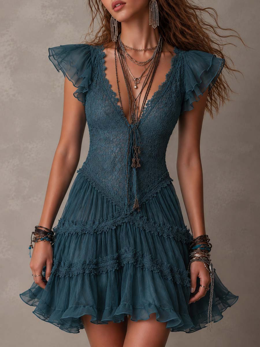 Azzurrina | Mini Abito con Volant in Pizzo Blu Rétro e Chiffon