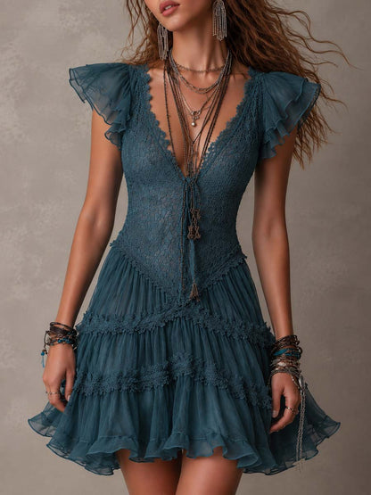 Azzurrina | Mini Abito con Volant in Pizzo Blu Rétro e Chiffon