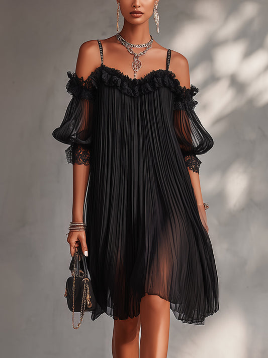 Camilla | Mini Abito in Chiffon Nero con Spalle Scoperte e Bordo in Pizzo