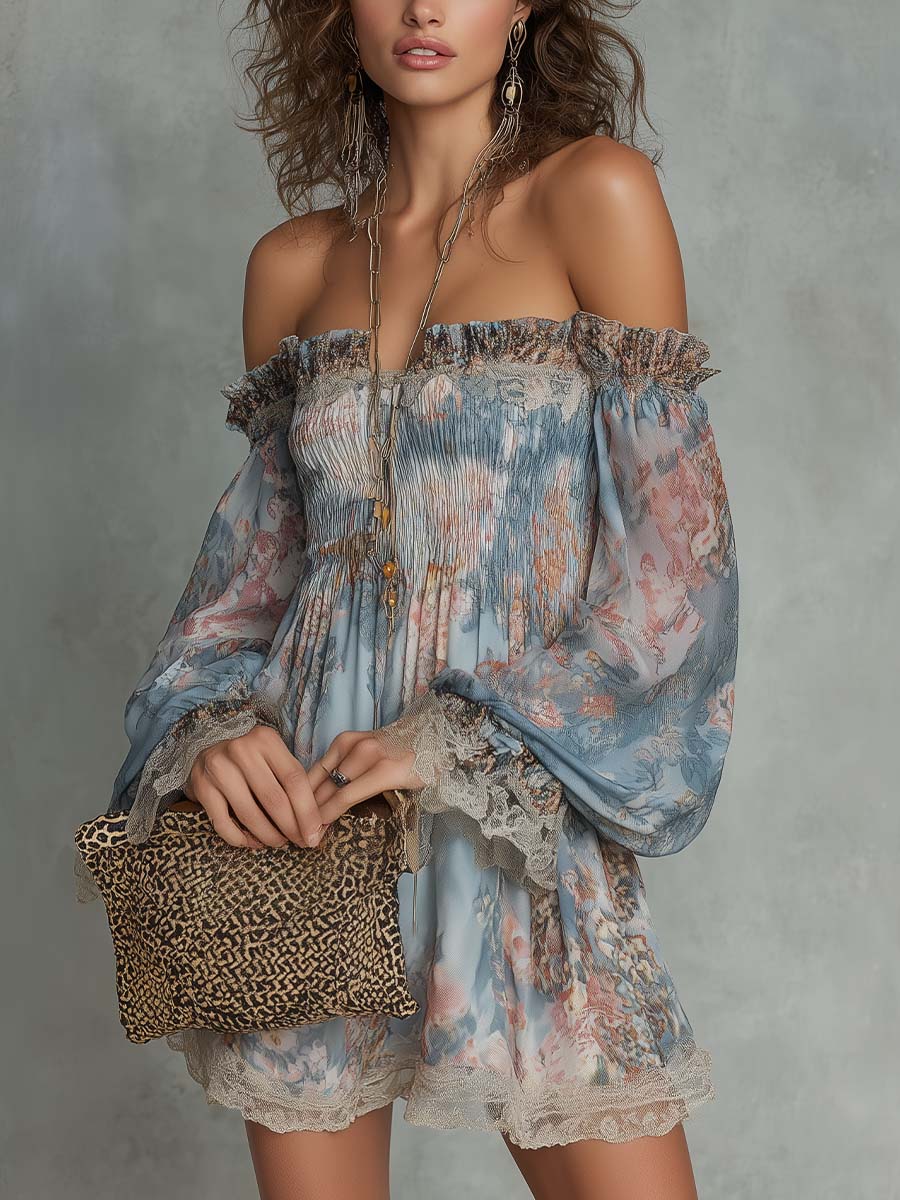 Romana | Mini Abito in Chiffon Arricciato con Spalle Scoperte e Fiori Romantici