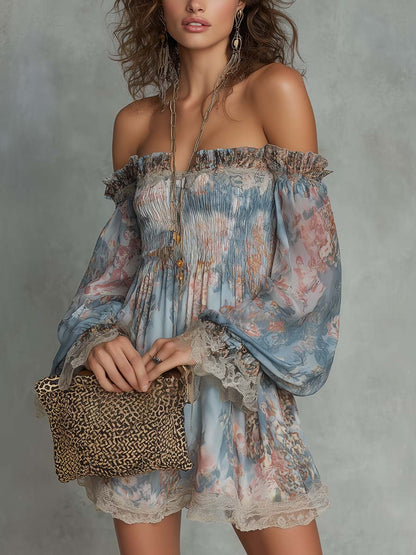Romana | Mini Abito in Chiffon Arricciato con Spalle Scoperte e Fiori Romantici