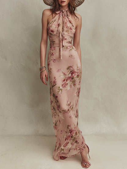 Lia | Abito Lungo in Chiffon con Stampa Floreale e Scollo a Goccia