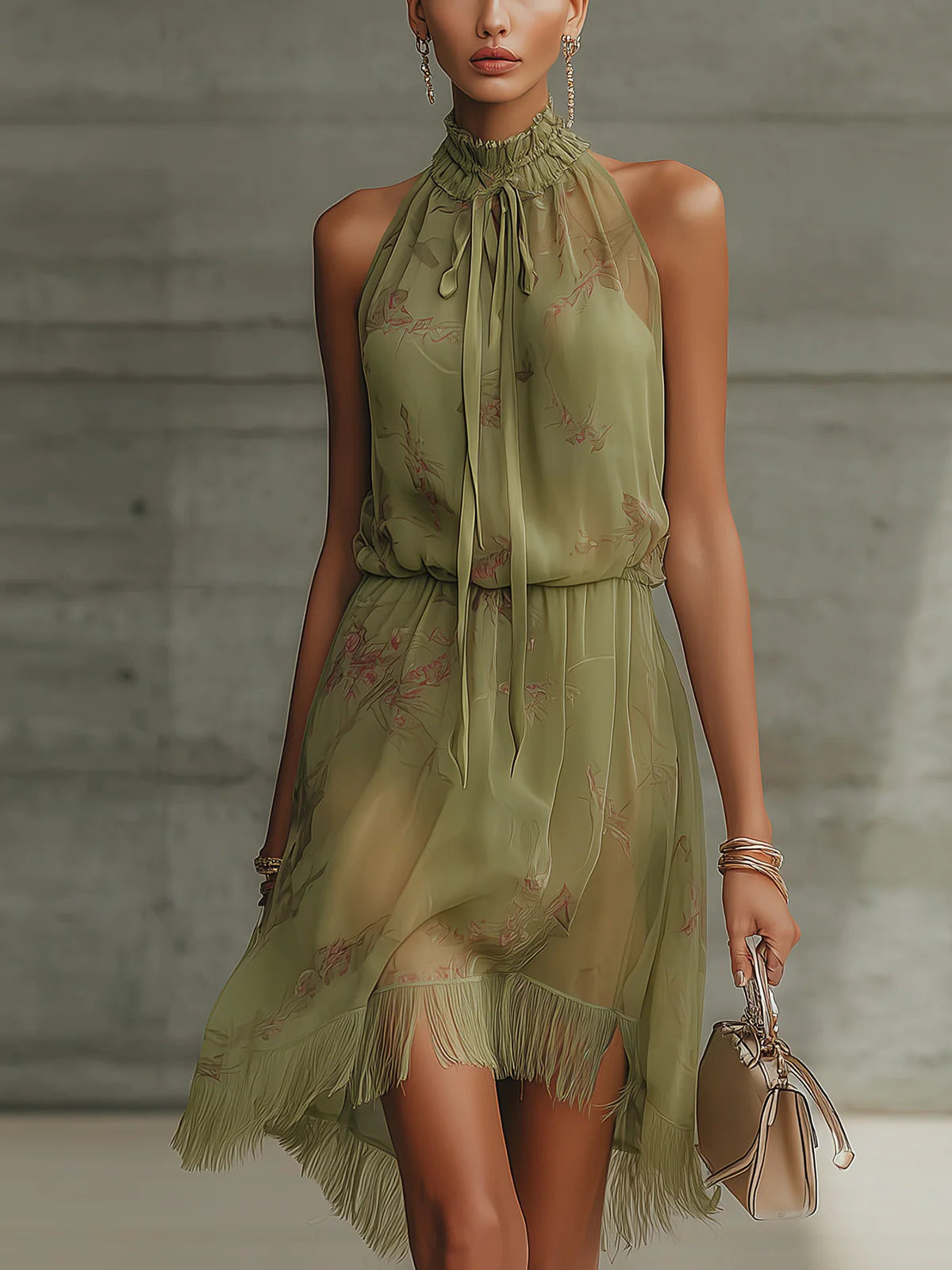 Silvia | Mini Abito in Chiffon Floreale Verde a Vita Alta