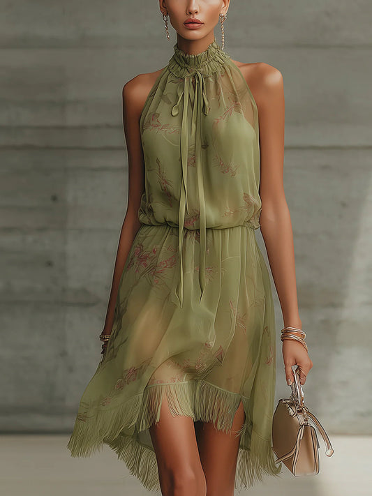 Silvia | Mini Abito in Chiffon Floreale Verde a Vita Alta