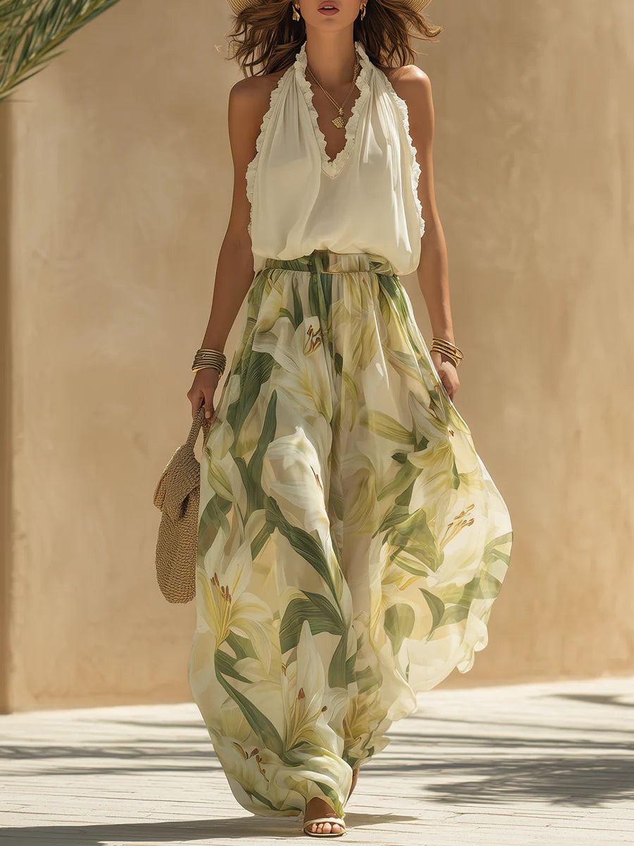 Alessandra | Completo in Chiffon con Top Smanicato a Volant e Pantaloni Stampa Gigli
