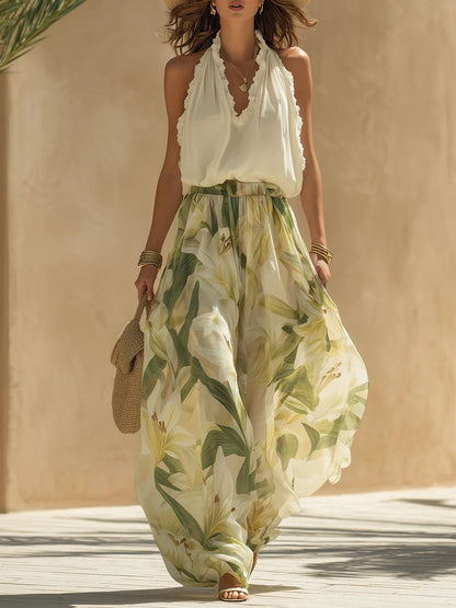 Alessandra | Completo in Chiffon con Top Smanicato a Volant e Pantaloni Stampa Gigli