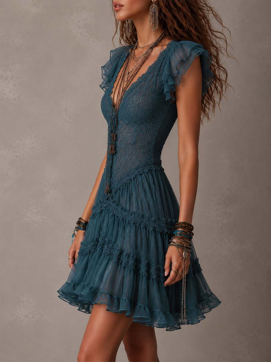Azzurrina | Mini Abito con Volant in Pizzo Blu Rétro e Chiffon