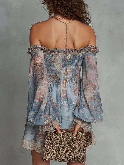 Romana | Mini Abito in Chiffon Arricciato con Spalle Scoperte e Fiori Romantici
