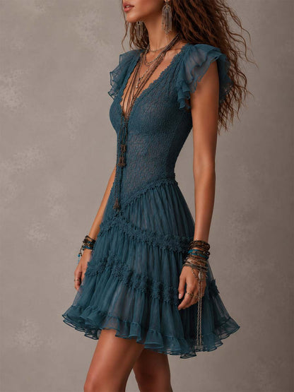 Delfina | Mini Abito con Volant in Pizzo e Chiffon Blu Rétro