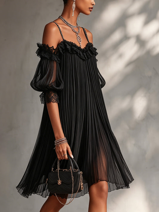 Leonia | Mini Abito Nero con Spalle Scoperte e Bordo in Pizzo