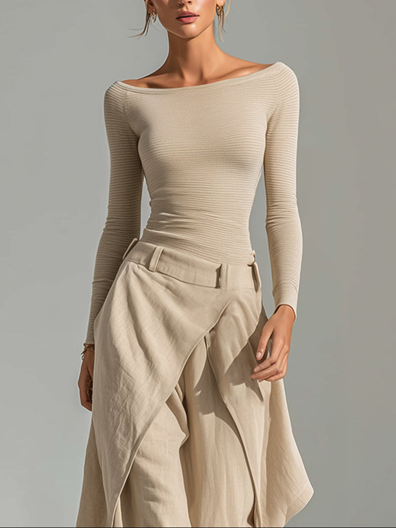 Rosalba | Completo con Top Beige a Barchetta e Pantalone Ampio