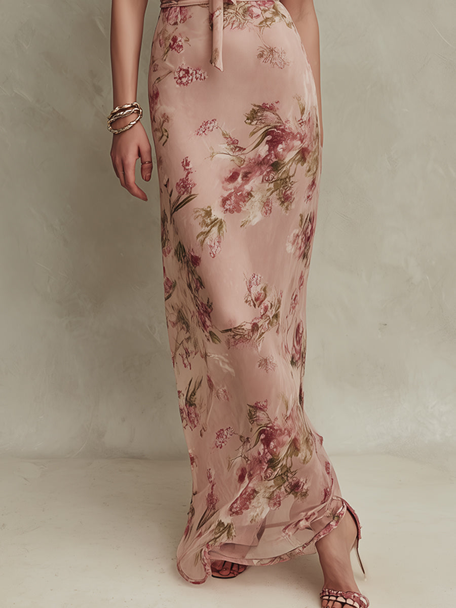 Lia | Abito Lungo in Chiffon con Stampa Floreale e Scollo a Goccia
