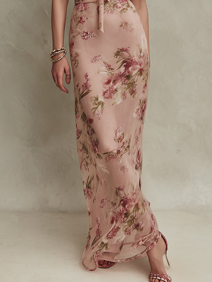Lia | Abito Lungo in Chiffon con Stampa Floreale e Scollo a Goccia