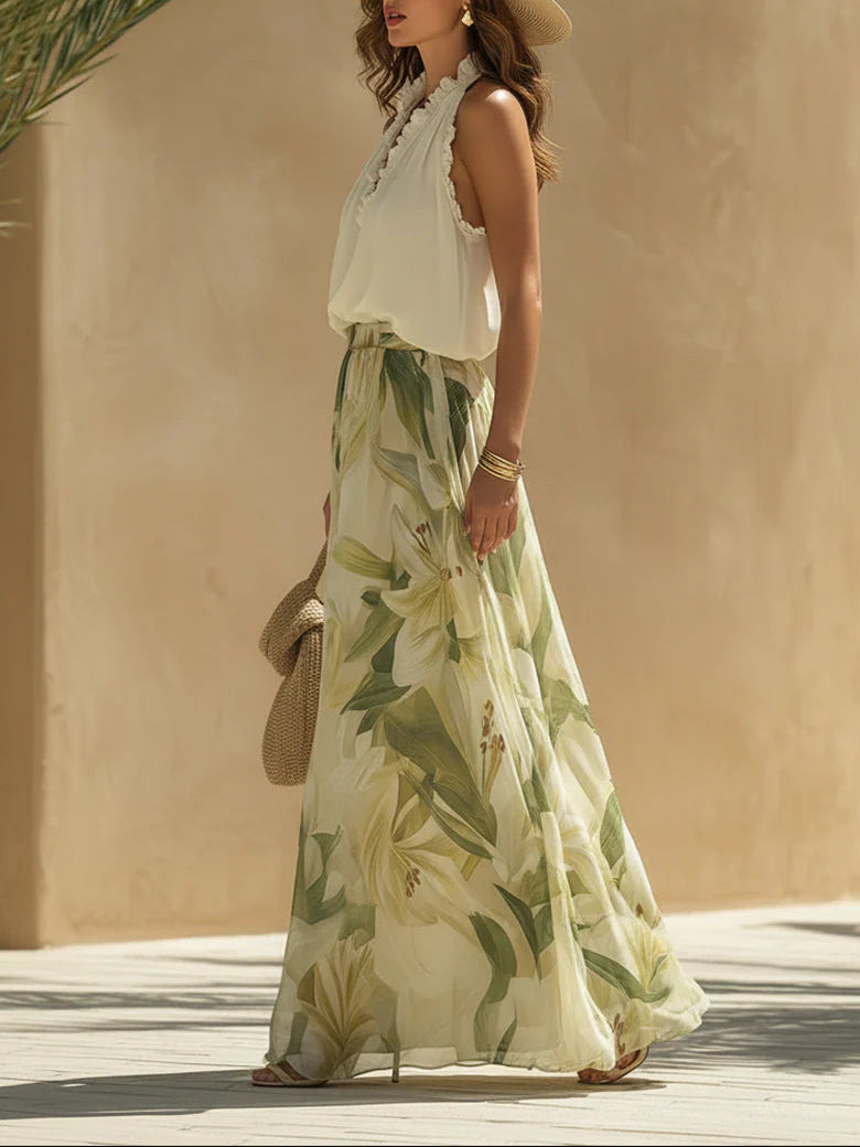 Alessandra | Completo in Chiffon con Top Smanicato a Volant e Pantaloni Stampa Gigli