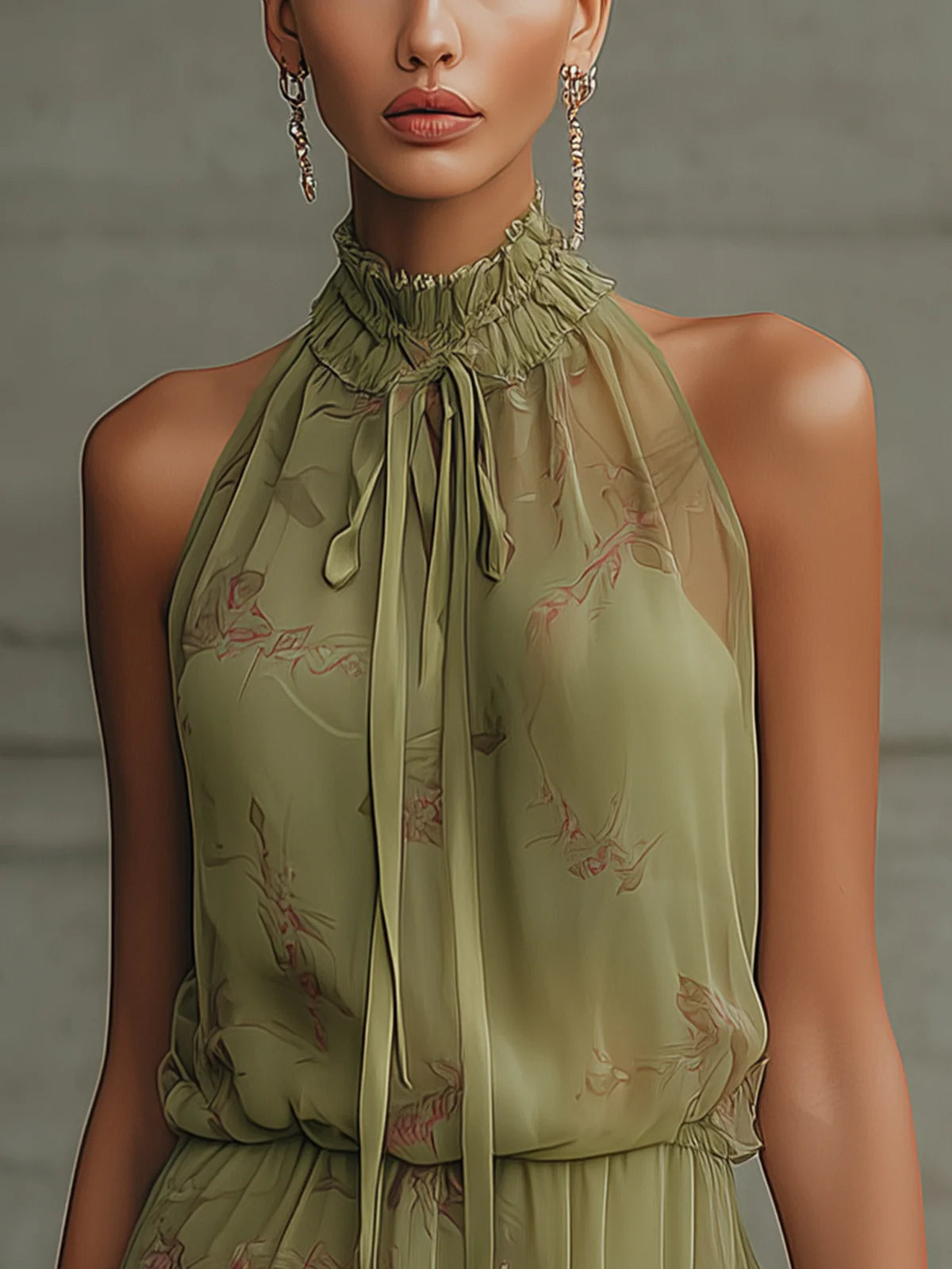 Silvia | Mini Abito in Chiffon Floreale Verde a Vita Alta