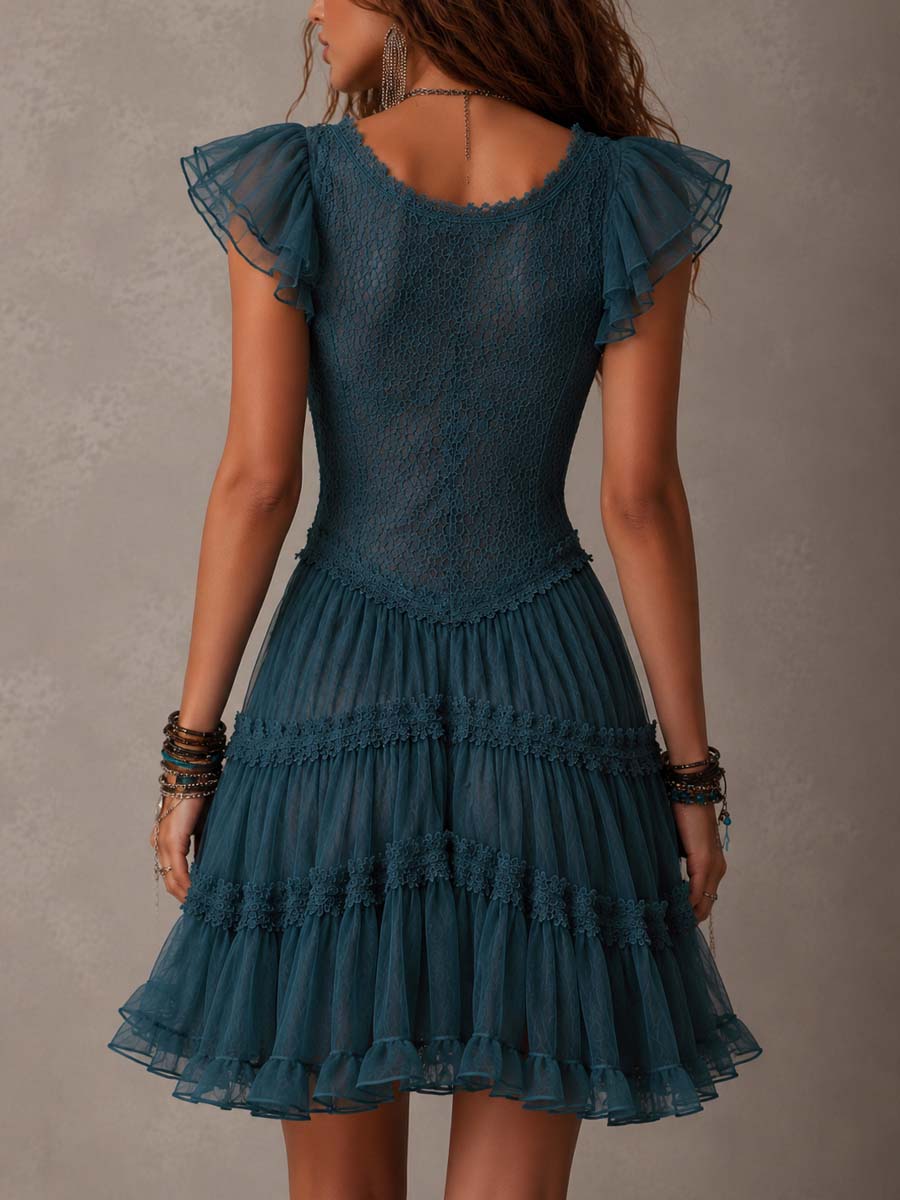 Azzurrina | Mini Abito con Volant in Pizzo Blu Rétro e Chiffon