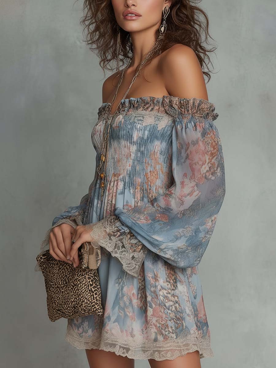 Romana | Mini Abito in Chiffon Arricciato con Spalle Scoperte e Fiori Romantici