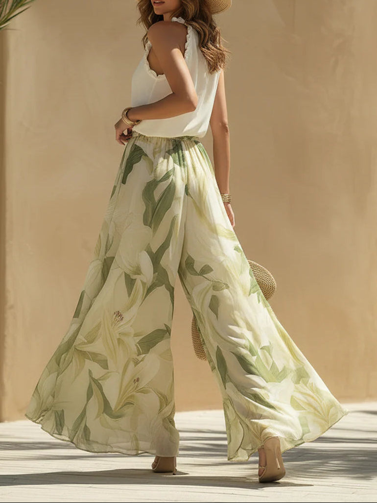 Alessandra | Completo in Chiffon con Top Smanicato a Volant e Pantaloni Stampa Gigli