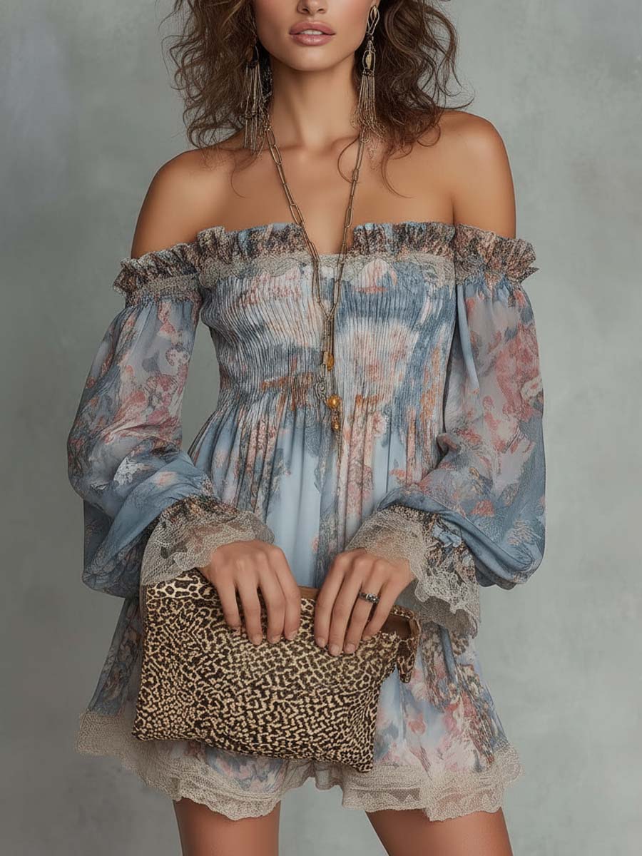 Romana | Mini Abito in Chiffon Arricciato con Spalle Scoperte e Fiori Romantici