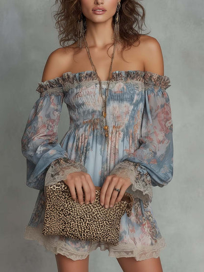 Romana | Mini Abito in Chiffon Arricciato con Spalle Scoperte e Fiori Romantici