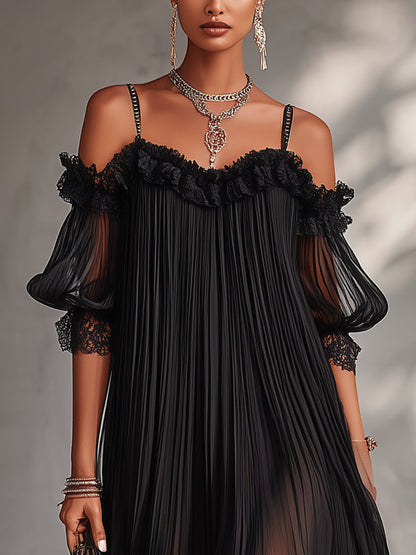 Camilla | Mini Abito in Chiffon Nero con Spalle Scoperte e Bordo in Pizzo