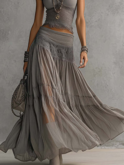 Monica | Completo Top Grigio con Inserti in Pizzo e Gonna Lunga Plissettata