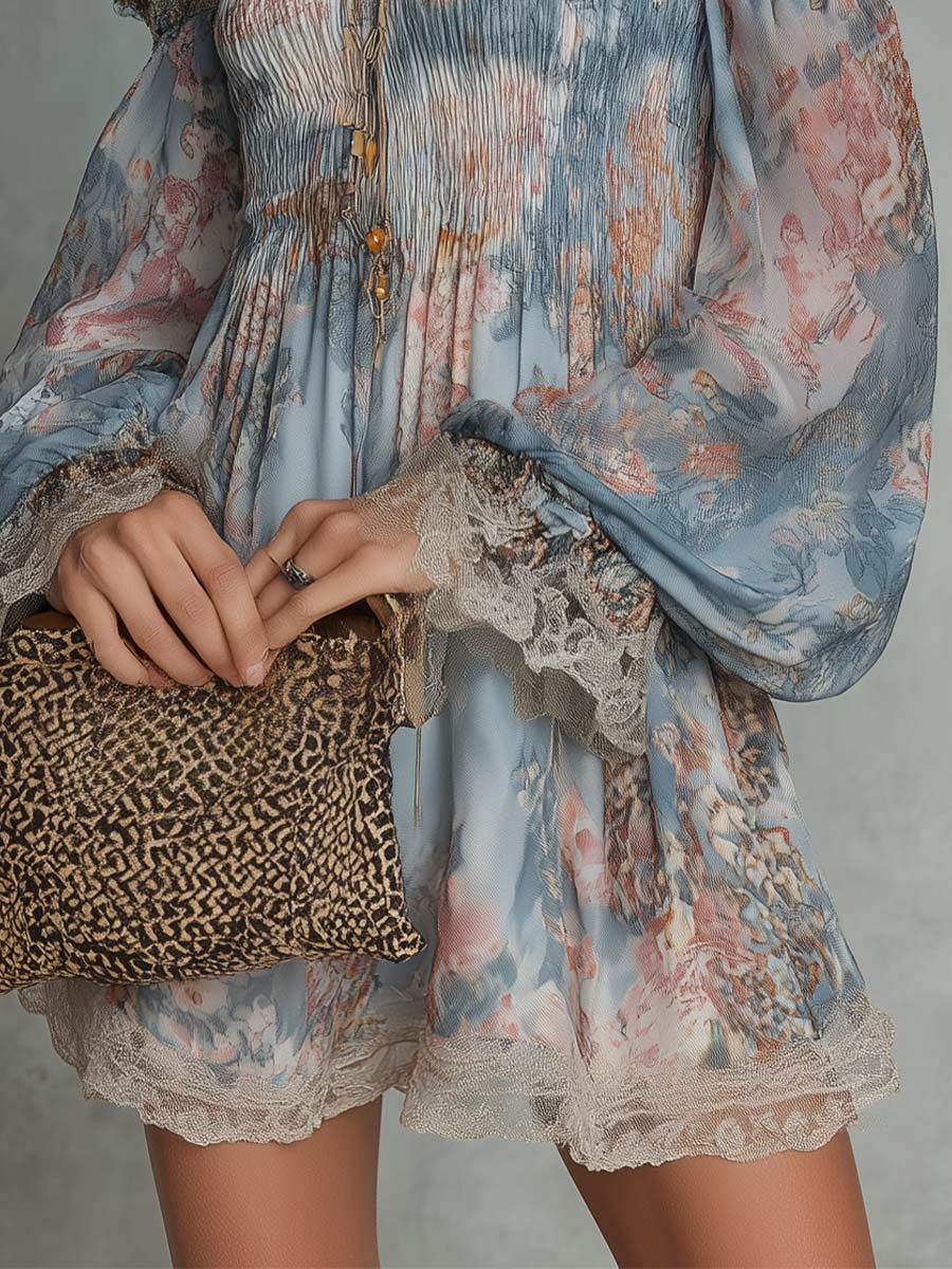 Romana | Mini Abito in Chiffon Arricciato con Spalle Scoperte e Fiori Romantici