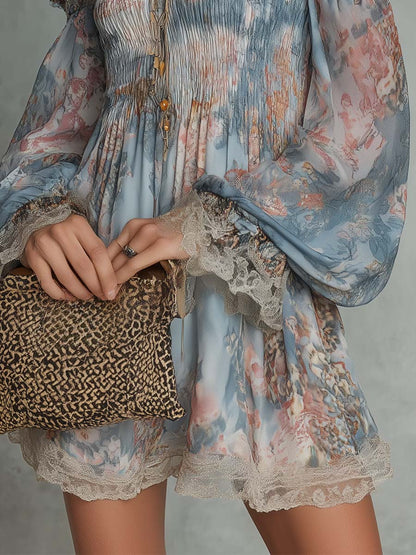 Romana | Mini Abito in Chiffon Arricciato con Spalle Scoperte e Fiori Romantici