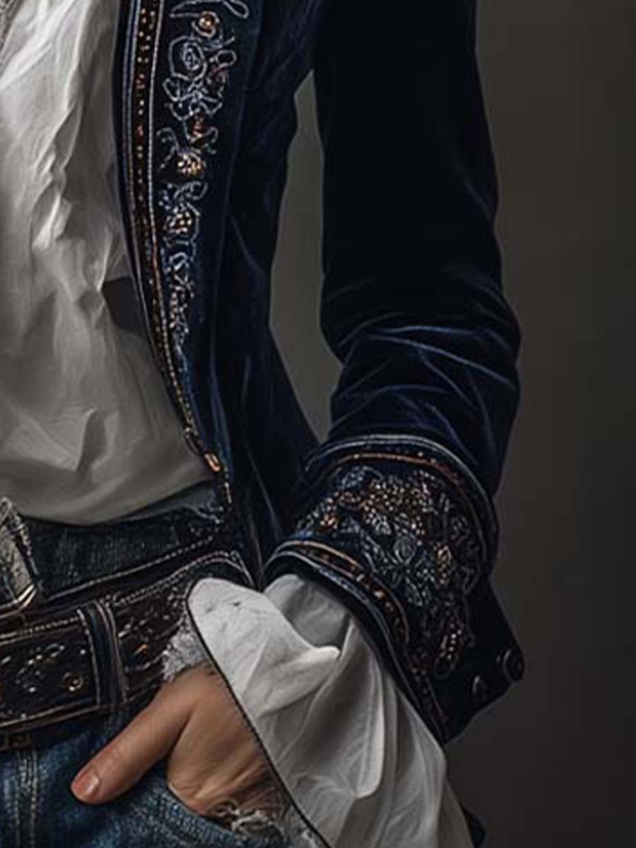 Atena | Giacca Lunga Ricamata Vintage Blu Navy