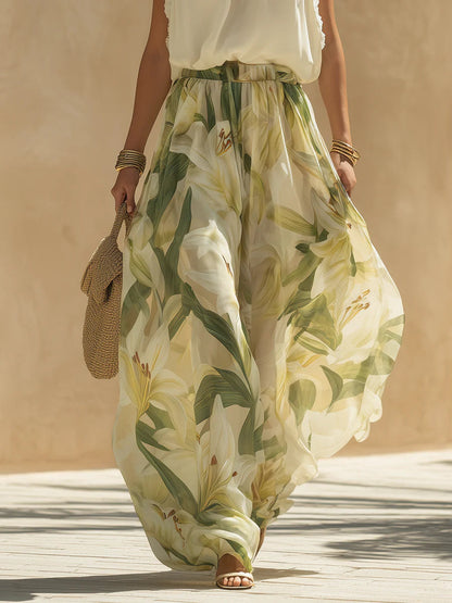 Alessandra | Completo in Chiffon con Top Smanicato a Volant e Pantaloni Stampa Gigli