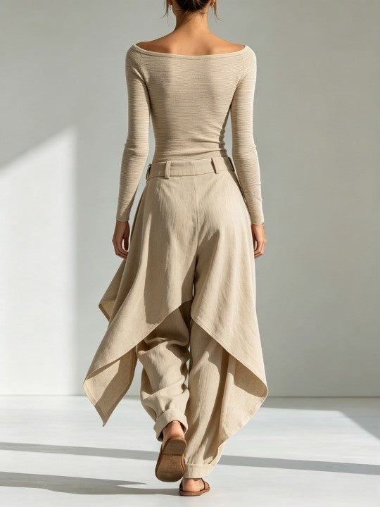Rosalba | Completo con Top Beige a Barchetta e Pantalone Ampio