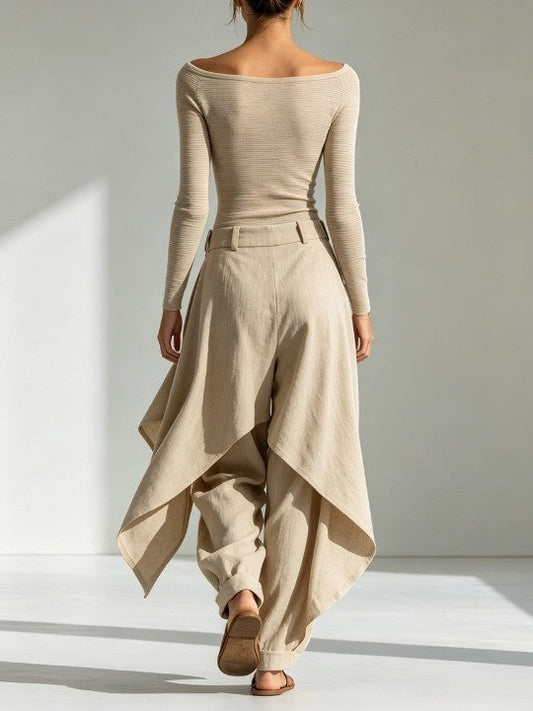 Rosalba | Completo con Top Beige a Barchetta e Pantalone Ampio